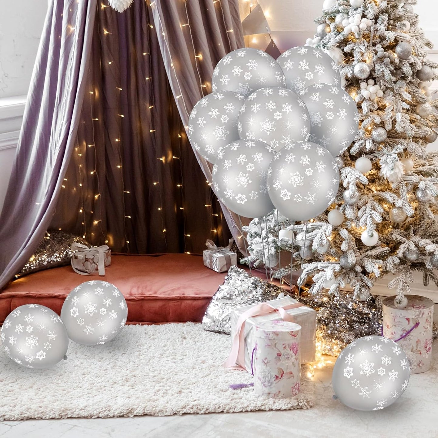 Skylety 40 Pieces Snowflake Balloons Bulk Winter Transparent Snowflake Latex Balloons for Christmas Birthday Wedding Party Decorations (Silver)