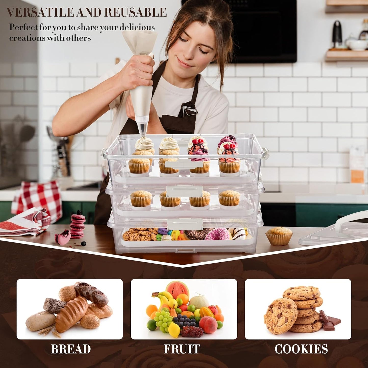 ARC 3-Tiers Cupcake Carrier (White) - Cupcake Holder and Cake Transport Container that Holds up to 36 Cupcakes or 3 Large Cakes - BPA-Free, Great for Parties & Festivals