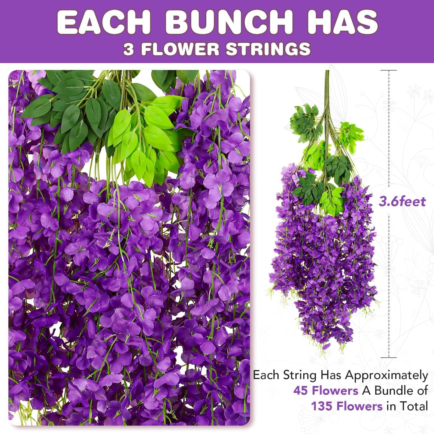 Wisteria Hanging Flowers,Fake Hanging Flowers,Wisteria artificiales Garland for Home Wedding Arch Floral Party Garden Ceremony Outdoor Decor,3.6 feet Long(12,Purple)
