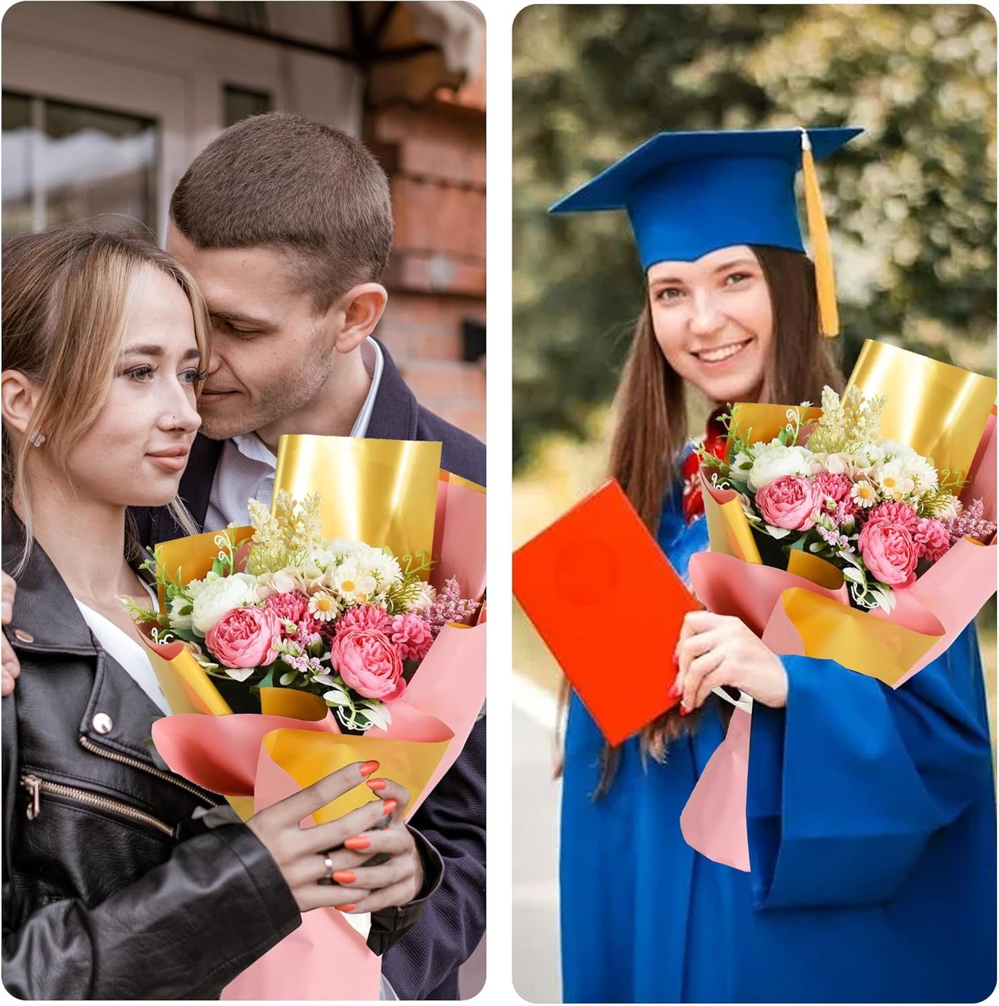 BEISHIDA 20Pcs Pink and Gold Double Sided Floral Wrapping Paper Matte Waterproof Flower Bouquet Wrapping Paper for Floral Wrap Florist Packing Supplies Birthday Valentine's Christmas Gift Wrapping