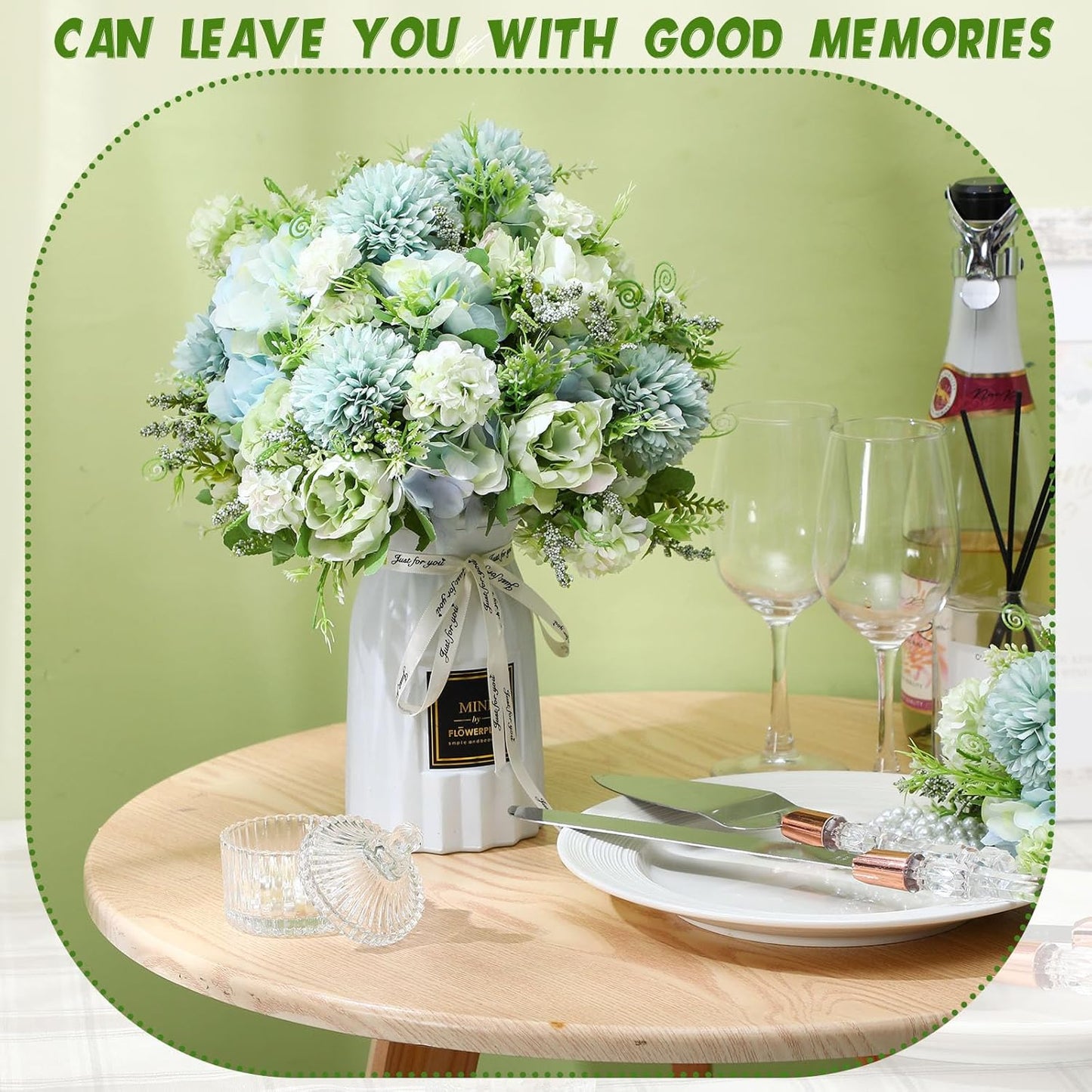 Tigeen Artificial Flowers Artificial Peonies Silk Flowers Faux Peony Fake Peony Silk Hydrangea Bouquet for Wedding Table Centerpiece Floral Vase Decor(White Green,12 Bundles)