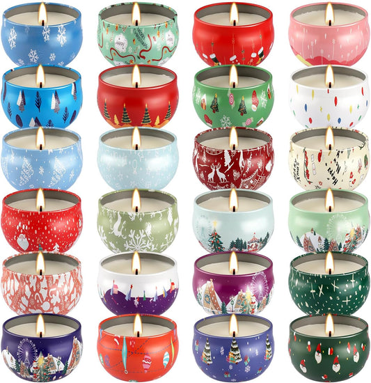 24Pack Christmas Scented Candle Tins Gift Set - Soy Wax Festive Candles 2.5oz- Long Lasting Burn time for Christmas Thanksgiving Gifts Holiday Decor & Gifting.