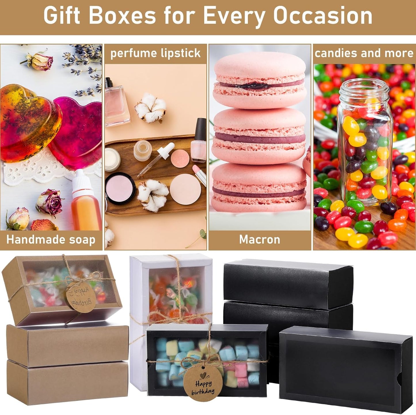 Roowest 50 Sets Kraft Soap Boxes Rectangle Packaging Box with Window Homemade Gift Box with Blank Tags and Jute String for Jewelry Candy Wrapping Party Favor(6.3 x 3.5 x 2 Inch,3 Colors)