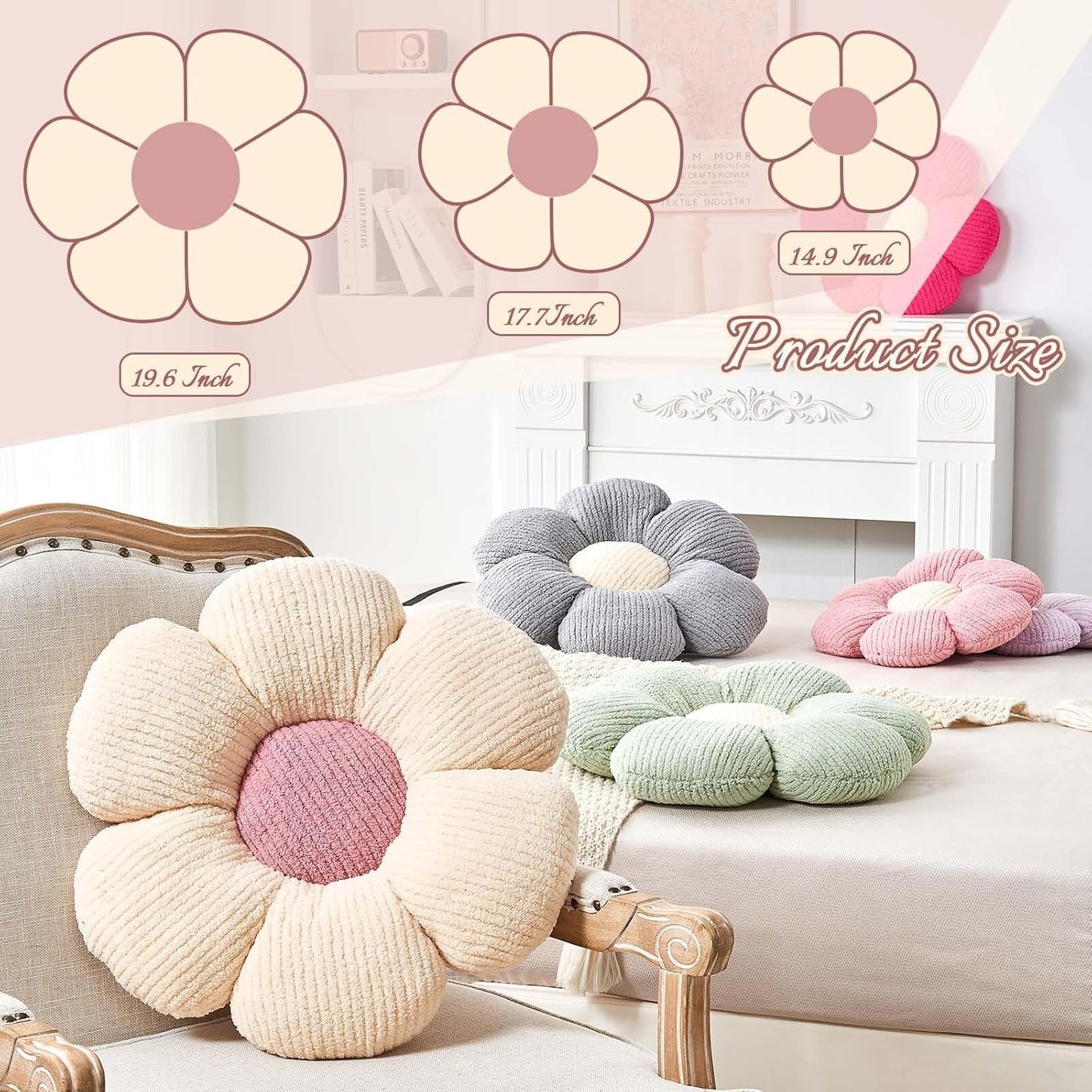 White Brown Flower Pillow, 14.9" Cute Flower Shaped Floor Pillow, Aesthetic Floral Plush Daisy Decorative Throw Pillows for Bed Sofa Couch