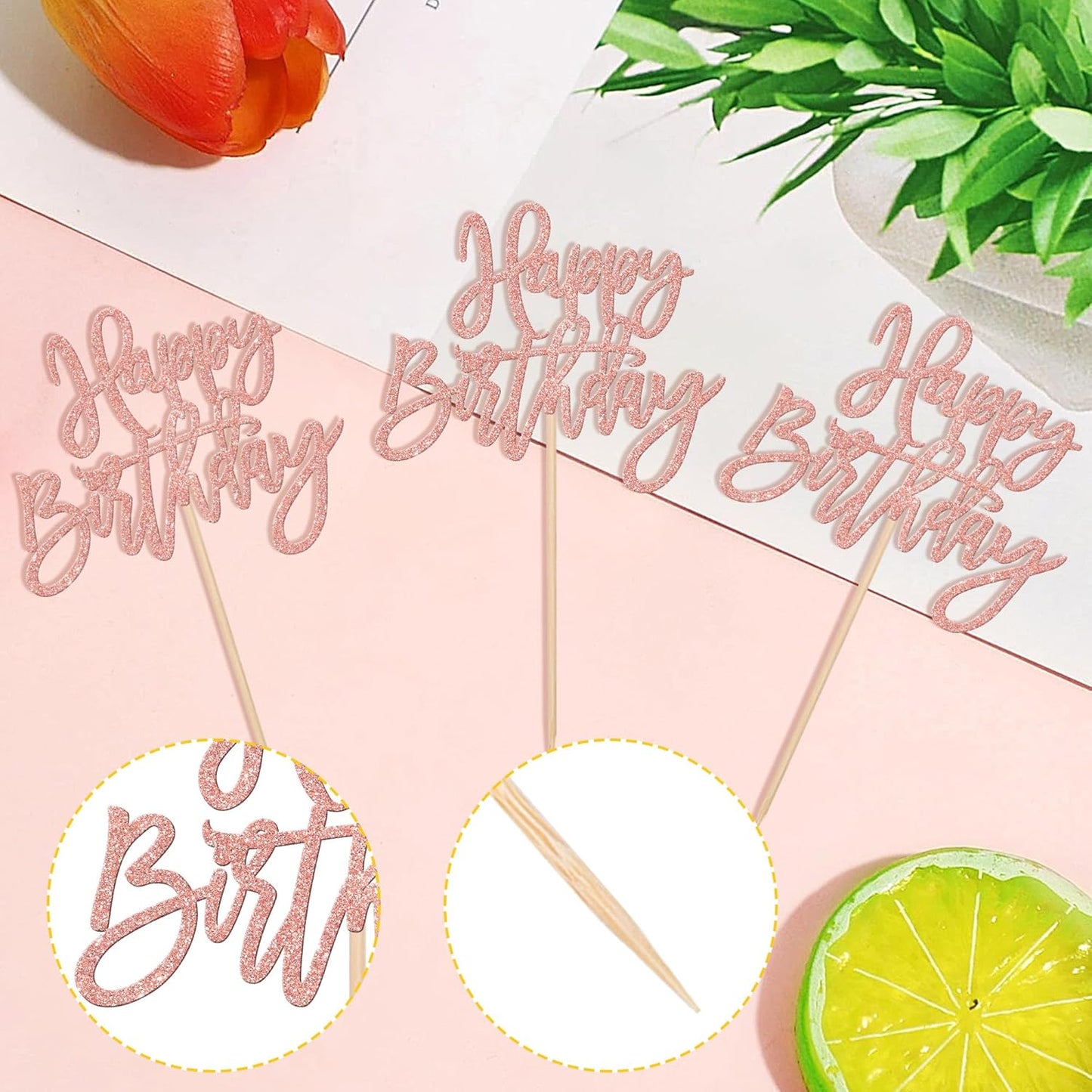 24 PCS Happy Birthday Cupcake Toppers Glitter Picks for Celebrating Anniversary Theme Party Cake Decorations Supplies Rose Gold