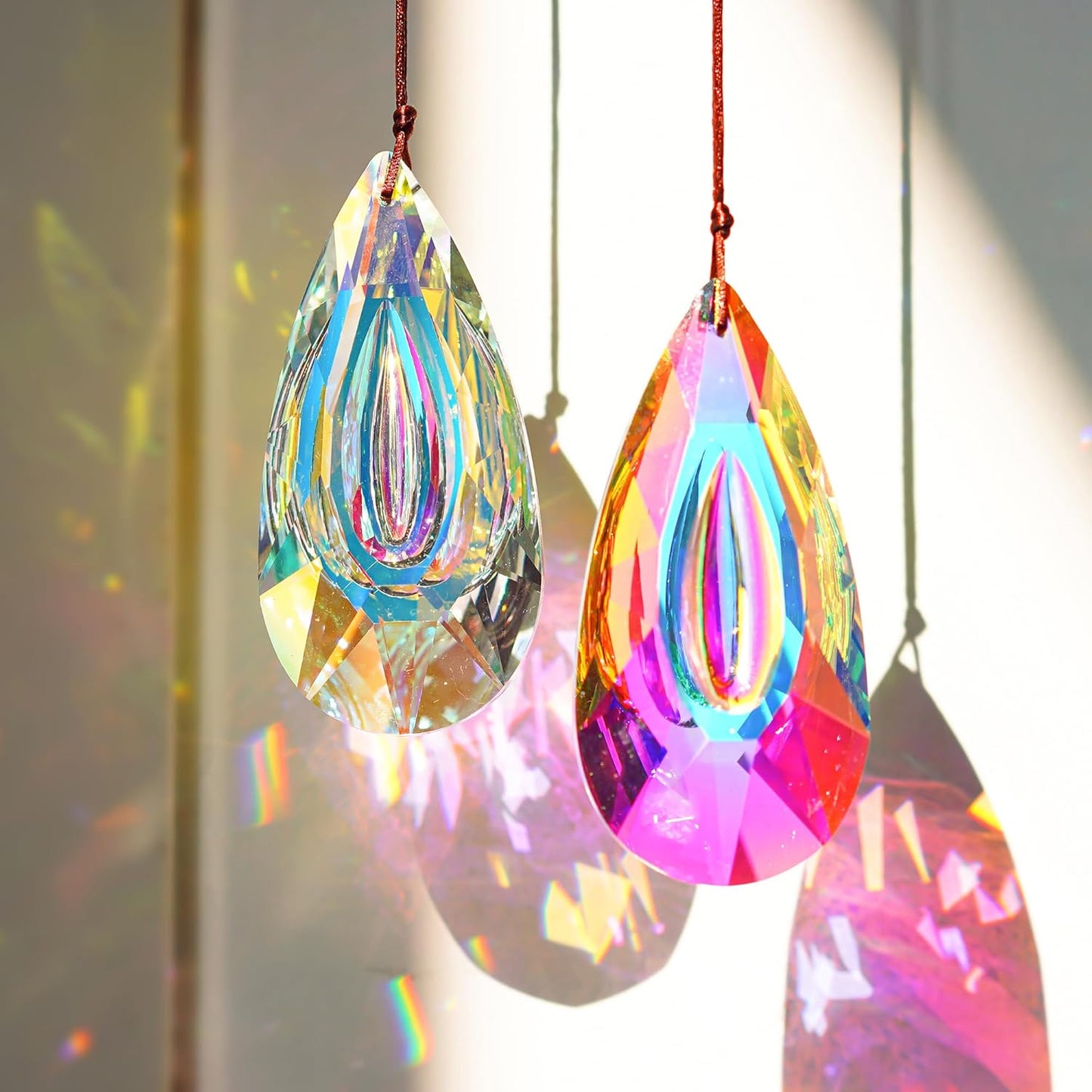 HDCRYSTALGIFTS Set 2,89mm/3.5in Crystals Prisms Suncatcher for Window Hanging Indoor Chandelier Parts Rainbow Maker for Home Garden Decor (AB Colored)