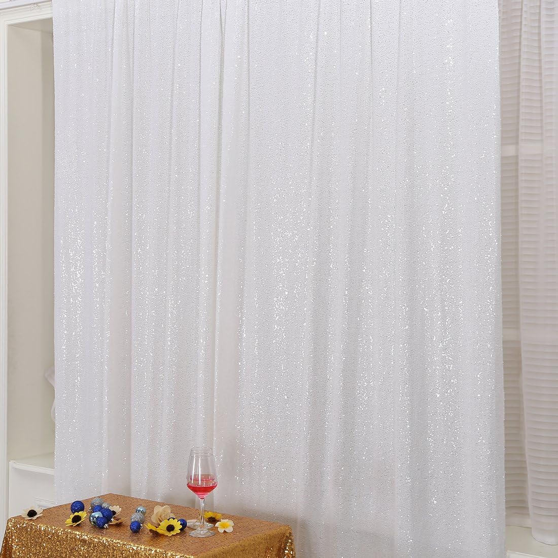 Poise3EHome 7FT x 7FT Sequin Photography Backdrop Curtain for Party Decoration, White