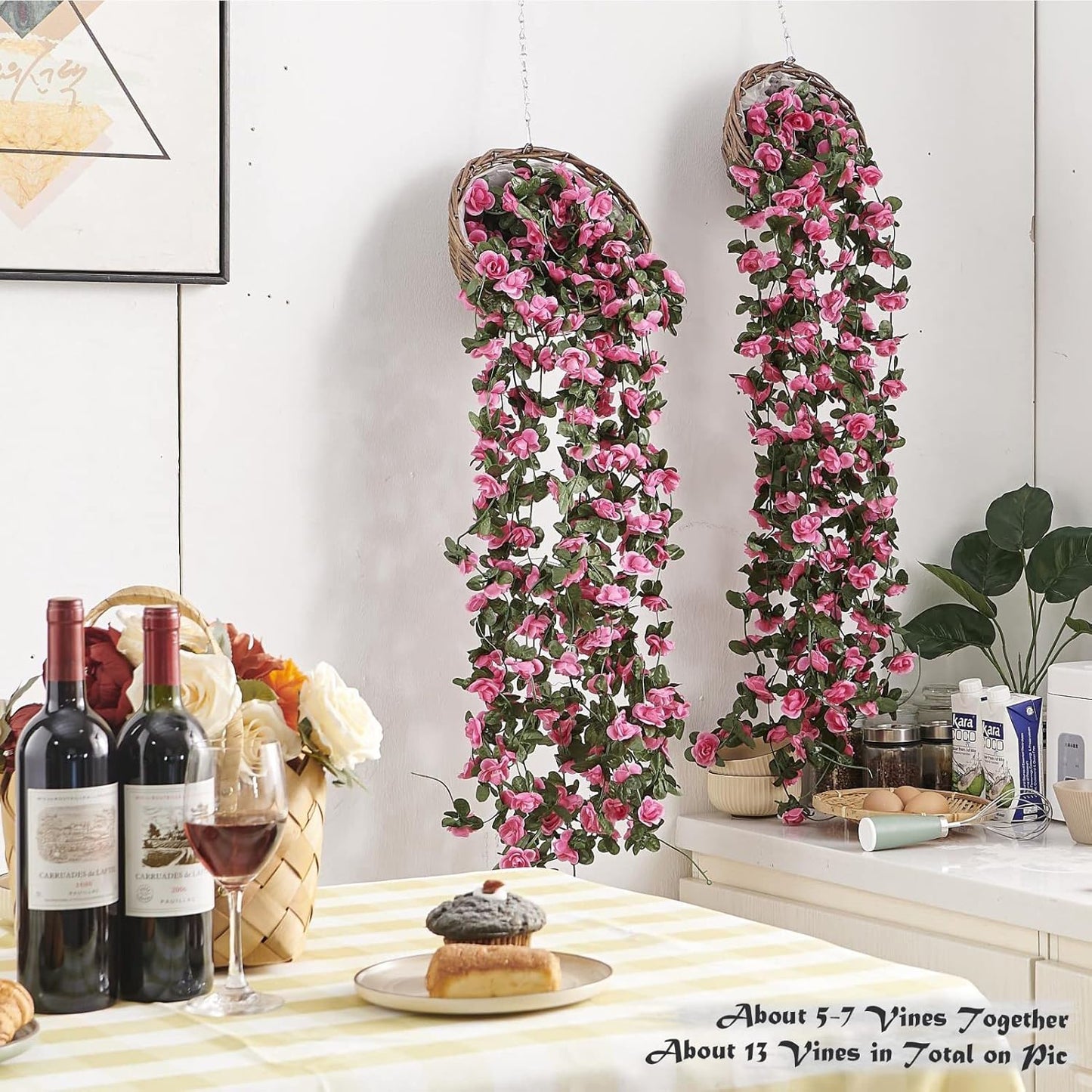 8 Pcs x 8.2 ft Flower Garland Artificial Rose Vine Flowers with Green Leaves Hanging Fake Roses Vine for Room Party Home Wedding Birthday Christmas Wall Arch Decor, Spring Magenta Flower