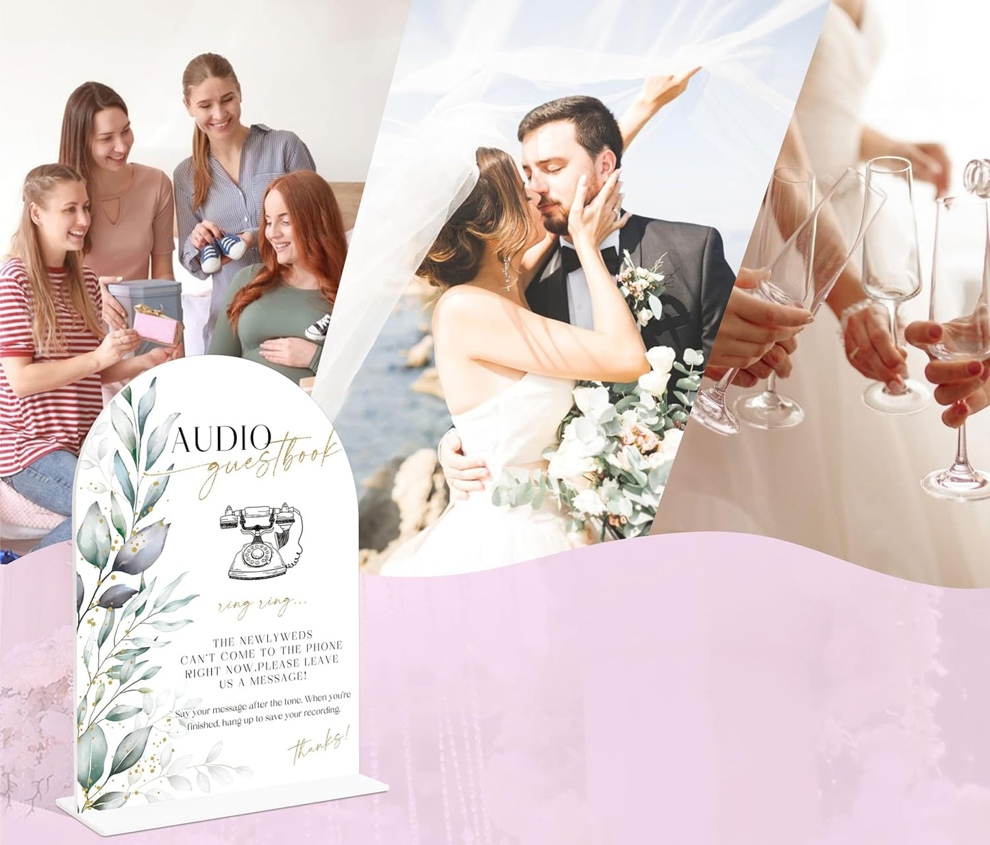 Acrylic Wedding Signs, Greenery Theme Audio Guestbook Sign, Wedding Reception Signage, Bridal Shower Table Decor with Stand, Engagement, Anniversary, Newlywed Events and Parties Supplies, 16