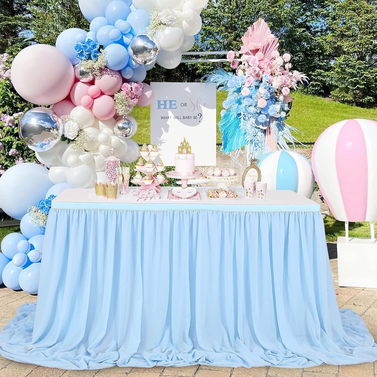 Baby Blue Table Skirt for Birthday Party14ft Rectangle or Round Chiffon Table Skirt for Boy Gender Birthday Mermaid Theme Party Decoration