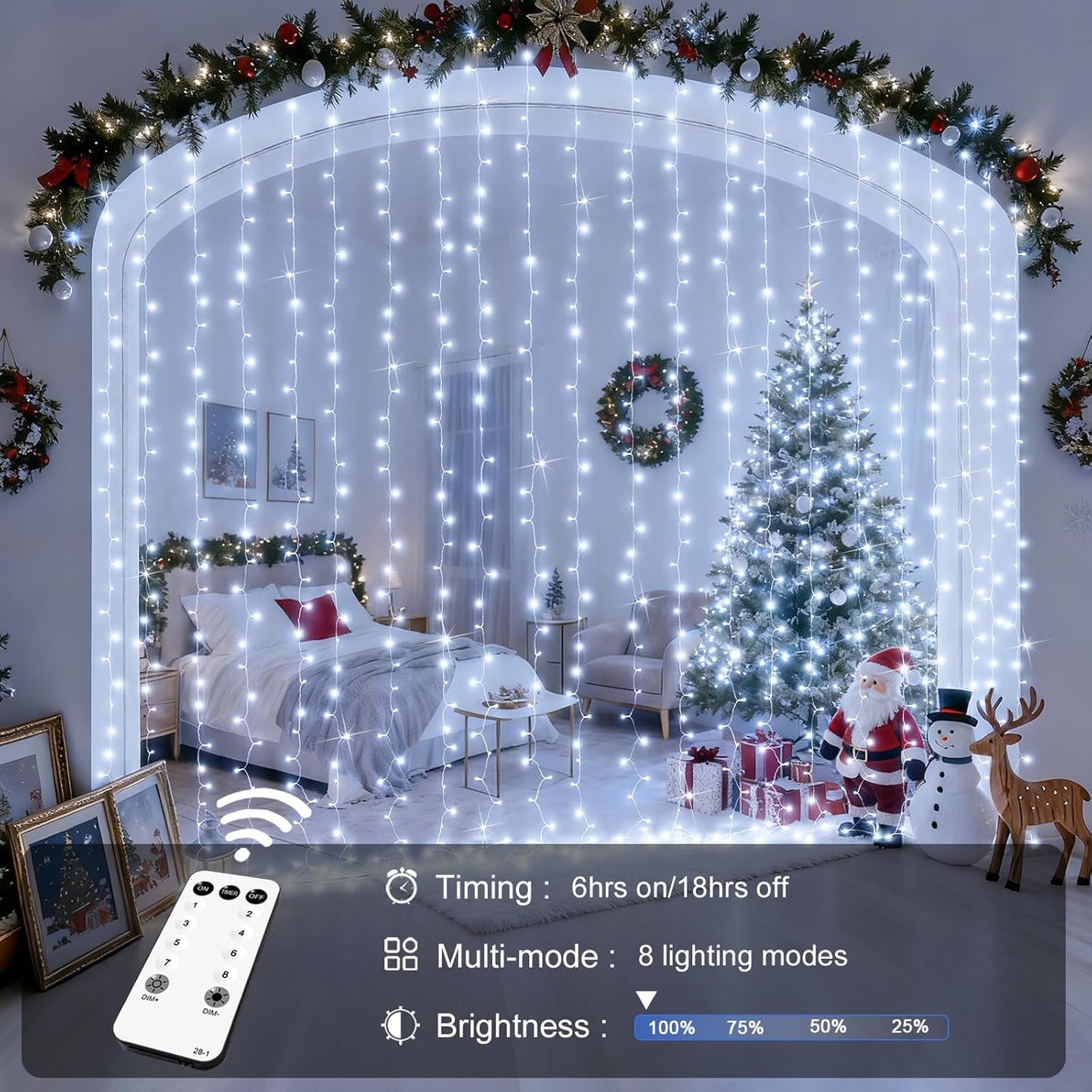 JMEXSUSS 900LED Christmas Curtain Lights Outdoor with Remote, 9.5x29.5ft White Christmas Lights Indoor Plug in, Hanging String Lights for Bedroom Wedding Backdrop Wall Window Xmas Decoration
