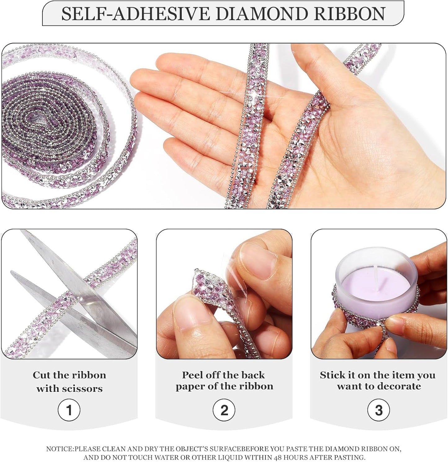 Rhinestone Ribbon 3 Yards Self Adhesive Rhinestone Strips Diamond Ribbon Sticker Crystal Roll Glitter Bling Rhinestones Tape for Crafting DIY Art Decoration (Purple,0.4 Inch)