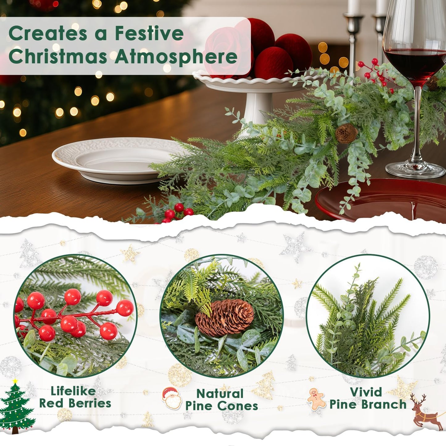 6FT Christmas Garland Norfolk Pine Tree Artificial Cedar Eucalyptus Greenery, Realistic Pine Garland for Mantel Fireplace Stair Rail Doorway Table Centerpiece, Indoor Outdoor Winter Decor