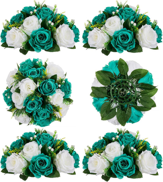 BLOSMON Teal Flowers Artificial Centerpieces: 6 Pcs Fake Roses Flowers Balls for Wedding Dinning Table - Faux Silk Kissing Floral Arrangement for Home Party Event Decor