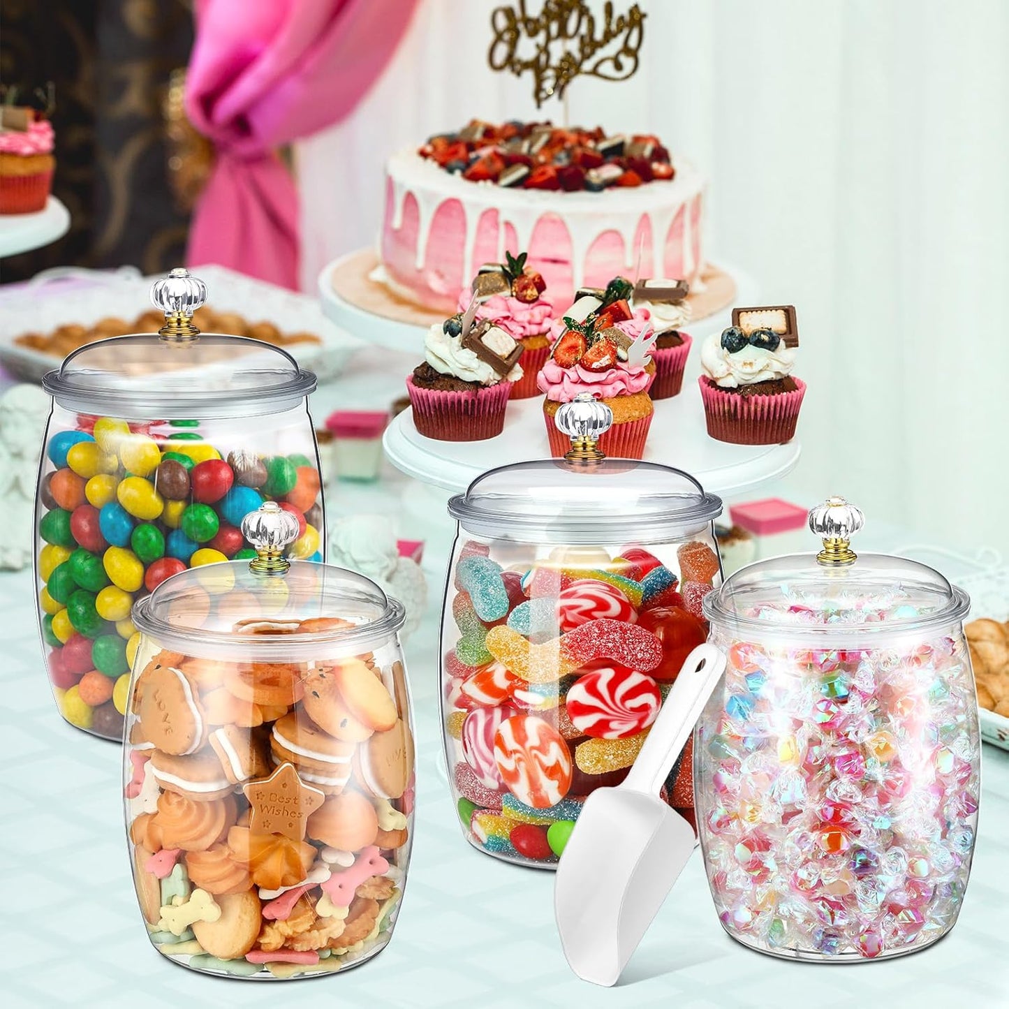 Nuogo 4 Pcs Plastic Candy and Cookie Jars with Lids Clear Cookie Container Candy Jars Large Airtight Apothecary Storage Organization for Wedding Home Kitchen Bar(64 oz)