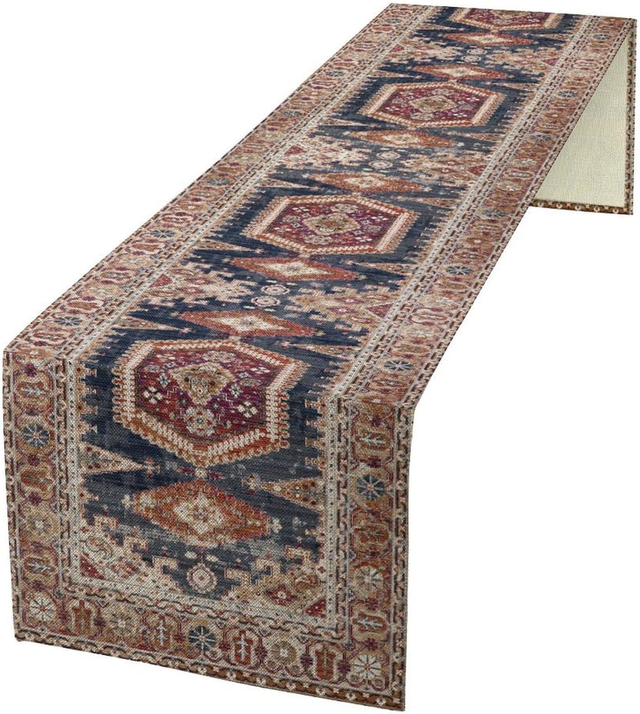 Vintage Boho Table Runner,Flower Geometric Design Rustic Farmhouse Table Runner for Home Farmhouse Kitchen Table Dining Coffee Room Garden Party Wedding Decor 13x60in