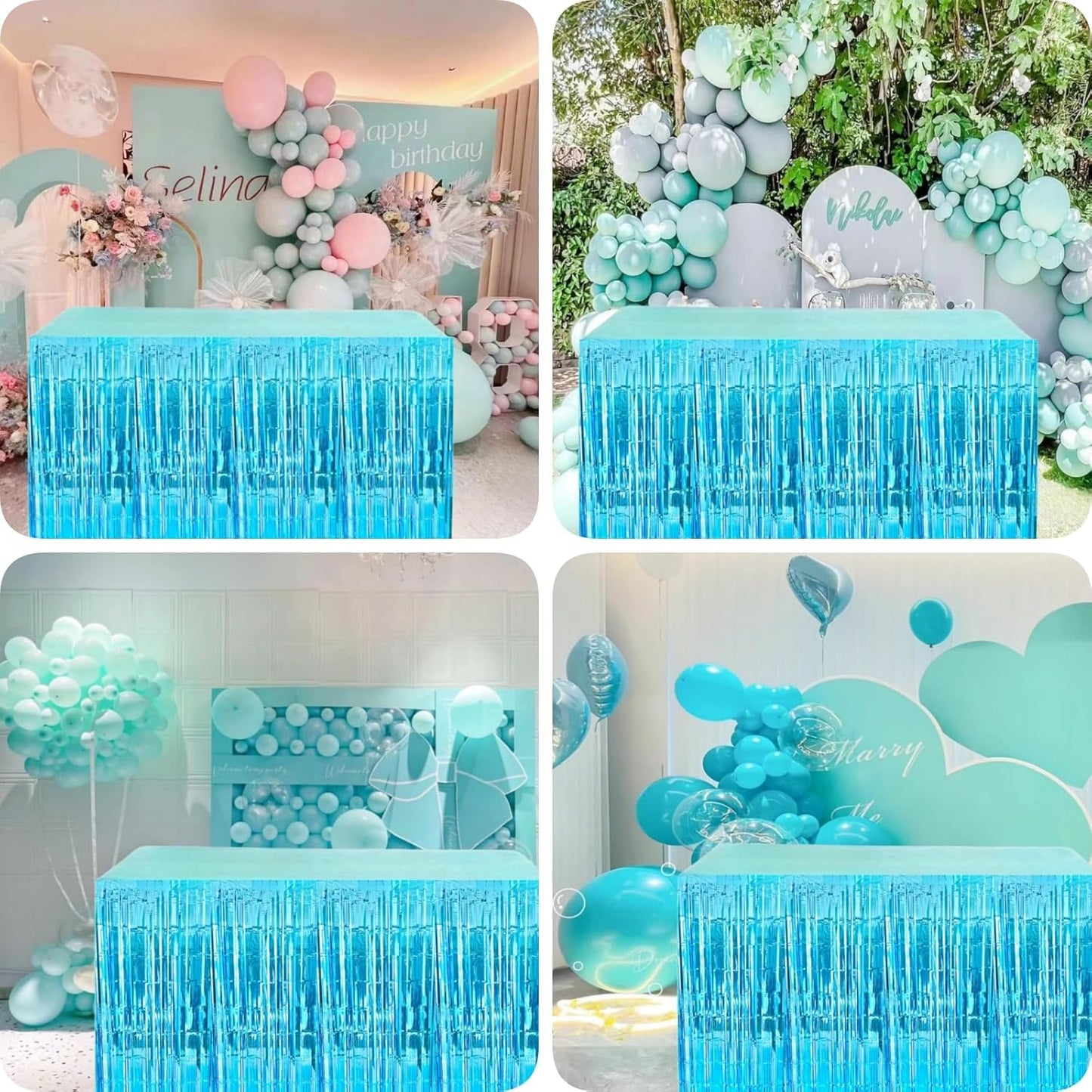 Light Blue Streamers Party Decorations, 2 Packs Ocean Blue Table Skirts Metallic Foil Fringe Tinsel for Birthday Under The Sea Shark Boy Baby Shower Winter Party Supplies -29x108Inch