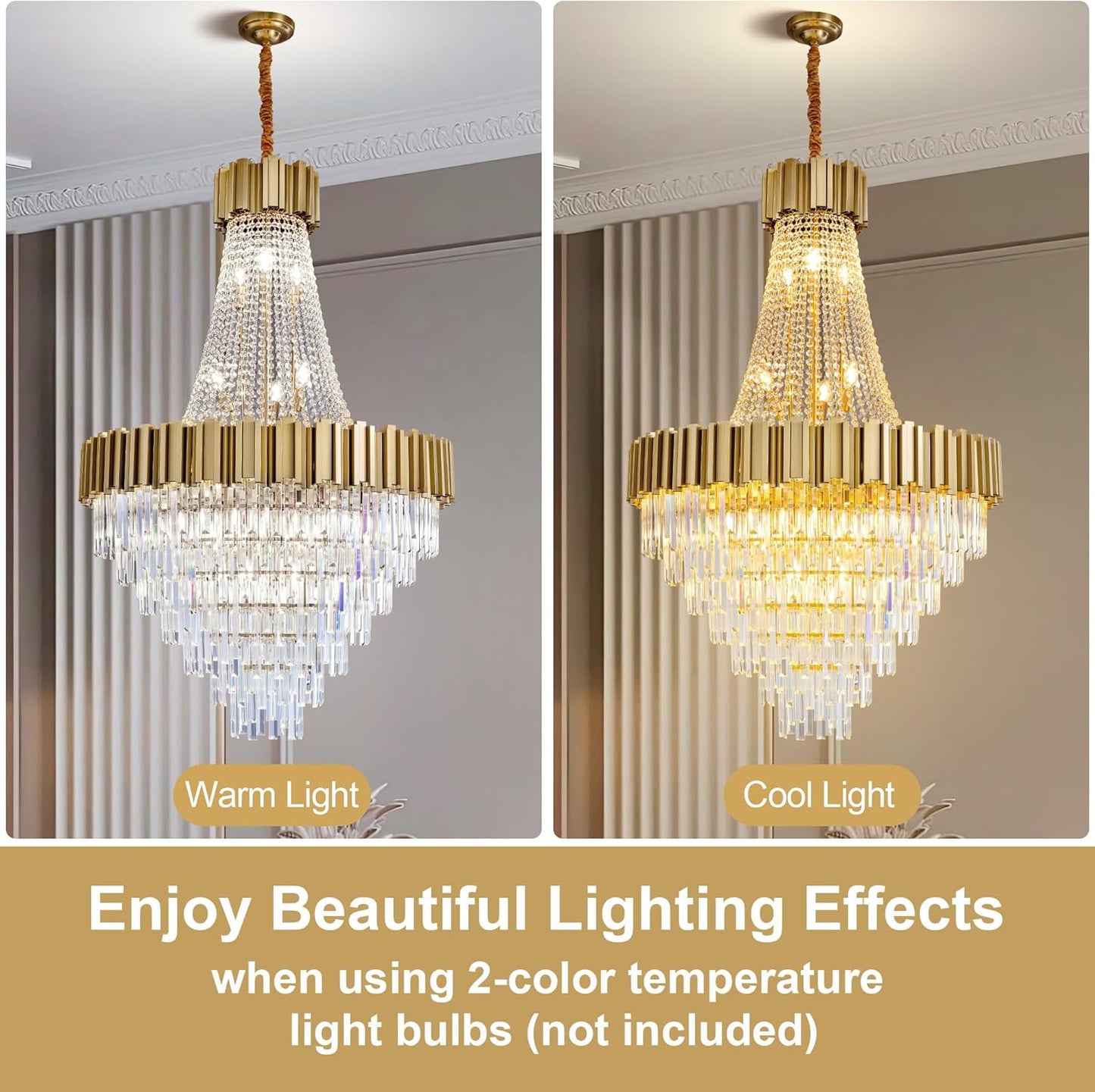 54" Luxury Long Crystal Chandelier for High Ceilings, 21-Light Modern Gold Large Chandeliers for Staircase, Foyer, Entryway, Living Room, Hallway, Contemporary K9 Crystal Tiered Chandelier