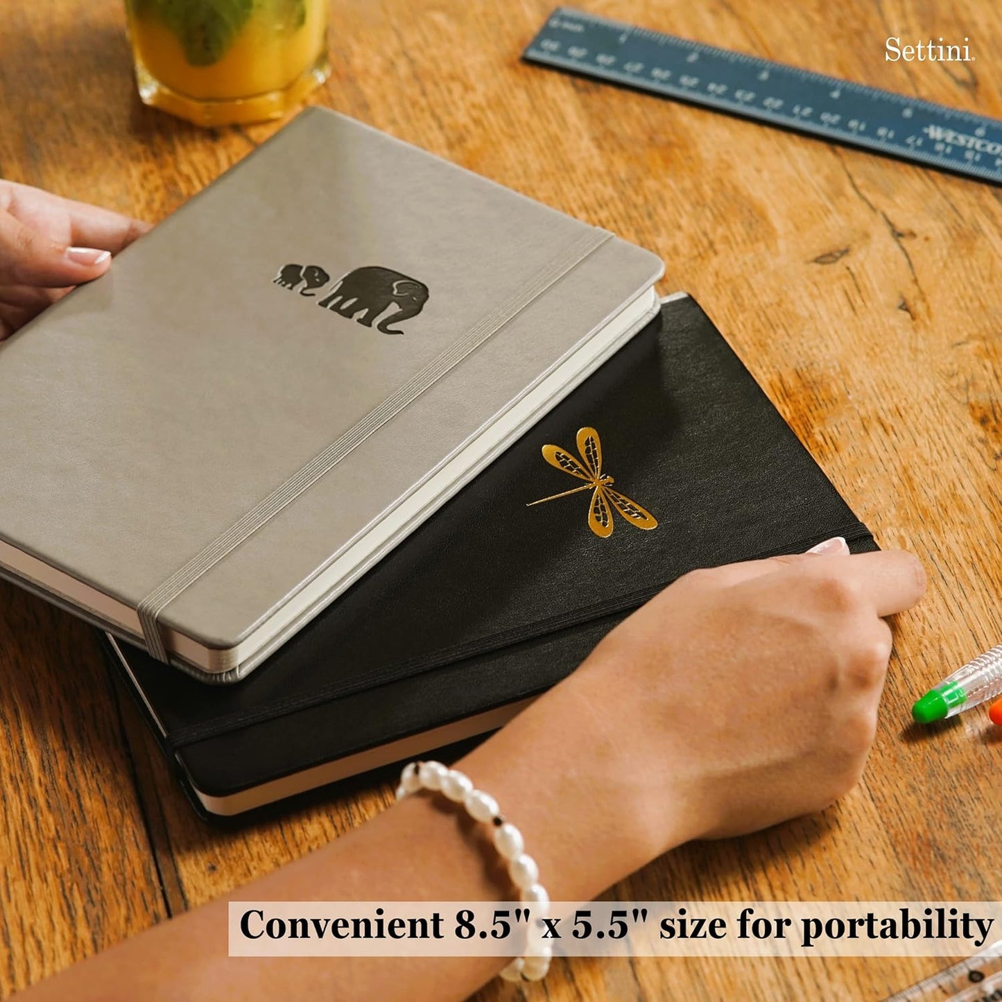 SETTINI Dotted Journal, Ideal for Bullet Journaling - A5 Vegan Leather Notebook, 192 Archival-Quality Pages, QuillEase Bleed-Free Paper, Inner Pocket & Bookmark - Elephant Gifts for Women & Men, Grey Elephants