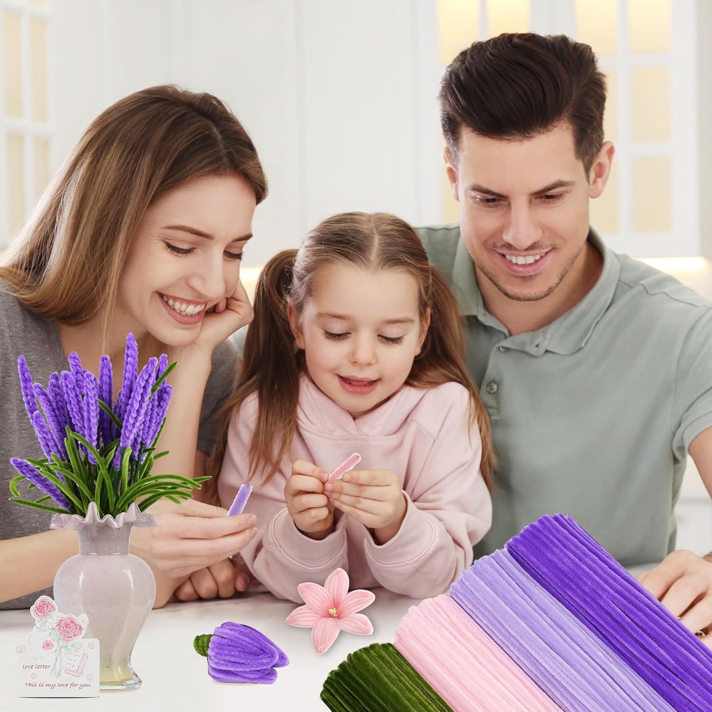 400 Pcs Chenille Stems Flowers Craft Kit,4 Colors Soft Pipe Cleaners Bulk for DIY Floral Arrangements with Floral Wires, Gardening Tape,Hot Glue Stick,Greeting Card,Bouquet Paper, Stamen & Ribbon