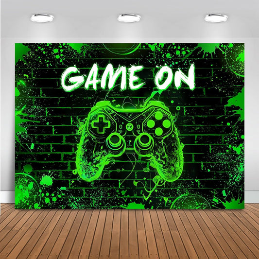 Mocsicka Game On Backdrop Video Game for Boys Level Up Birthday Party Decoration Game Night Arcade Neon Glow Gamer Banner Photography Background (Green, 8x6ft(96"x72"))