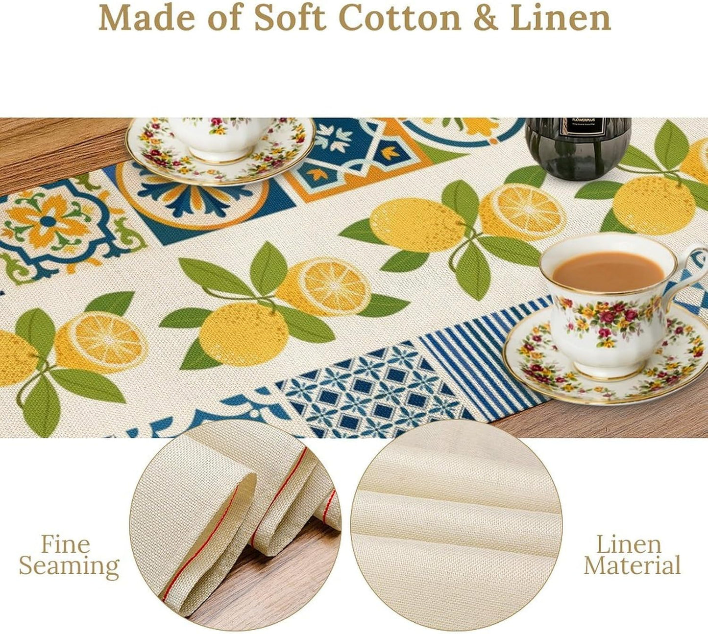 Lemon Table Runner,Watercolor Blue Fruits Green Leaves Print Table Cloth Kitchen Dining Table Home Party Decoration 13x60 Inch