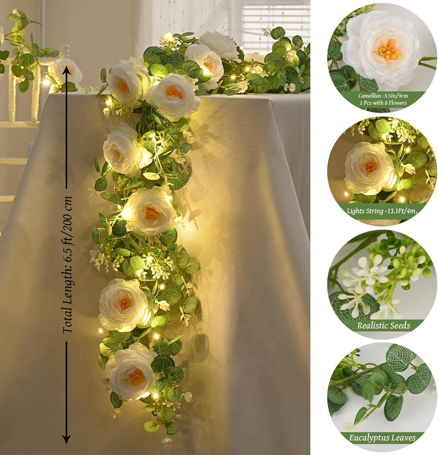 Dolicer 2Pcs 13Ft Artificial Eucalyptus Garlands with Flowers, Faux Floral Greenery Garlands with 13Ft String Lights Fake Flowers Vines for Wedding Centerpieces Arch Party Decor (White)
