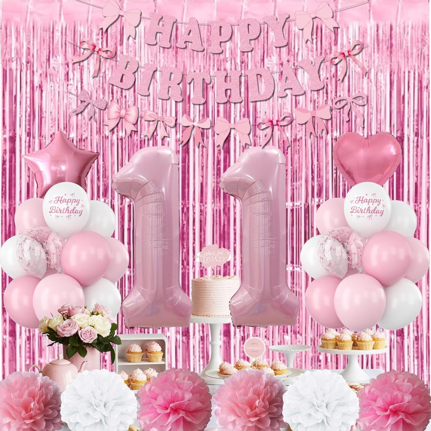 11th Birthday Decorations for Girls Pink Number 11 Balloon Bow Coquette Happy Birthday Banner Fringe Curtain Paper Pom Poms Star Heart Foil Pink White Balloons 11 Year Old Party Decor