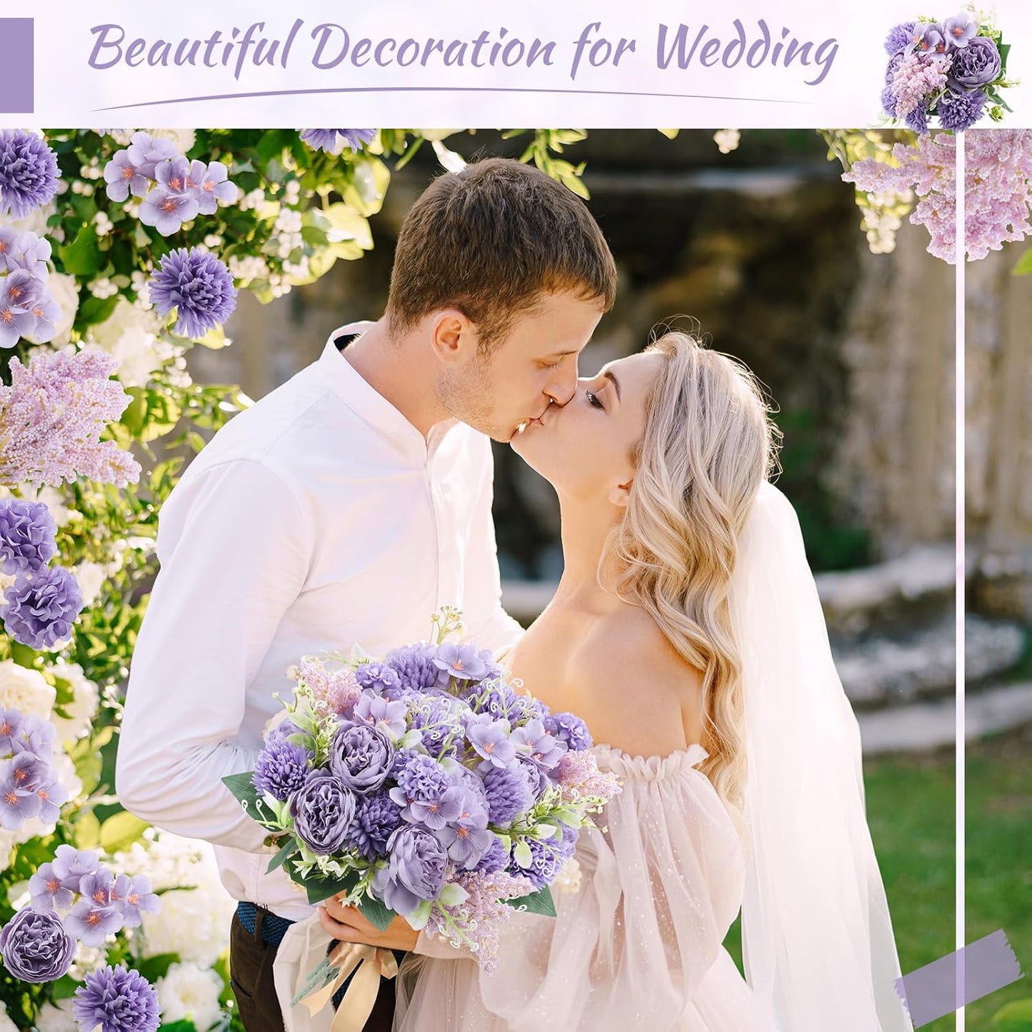 Zeyune 8 Pcs Wedding Silk Flowers Fake Silk Flowers Faux Bouquet Hydrangea Bouquets for Wedding Birthday Party Table Centerpieces Home Decoration(Purple,Peony)