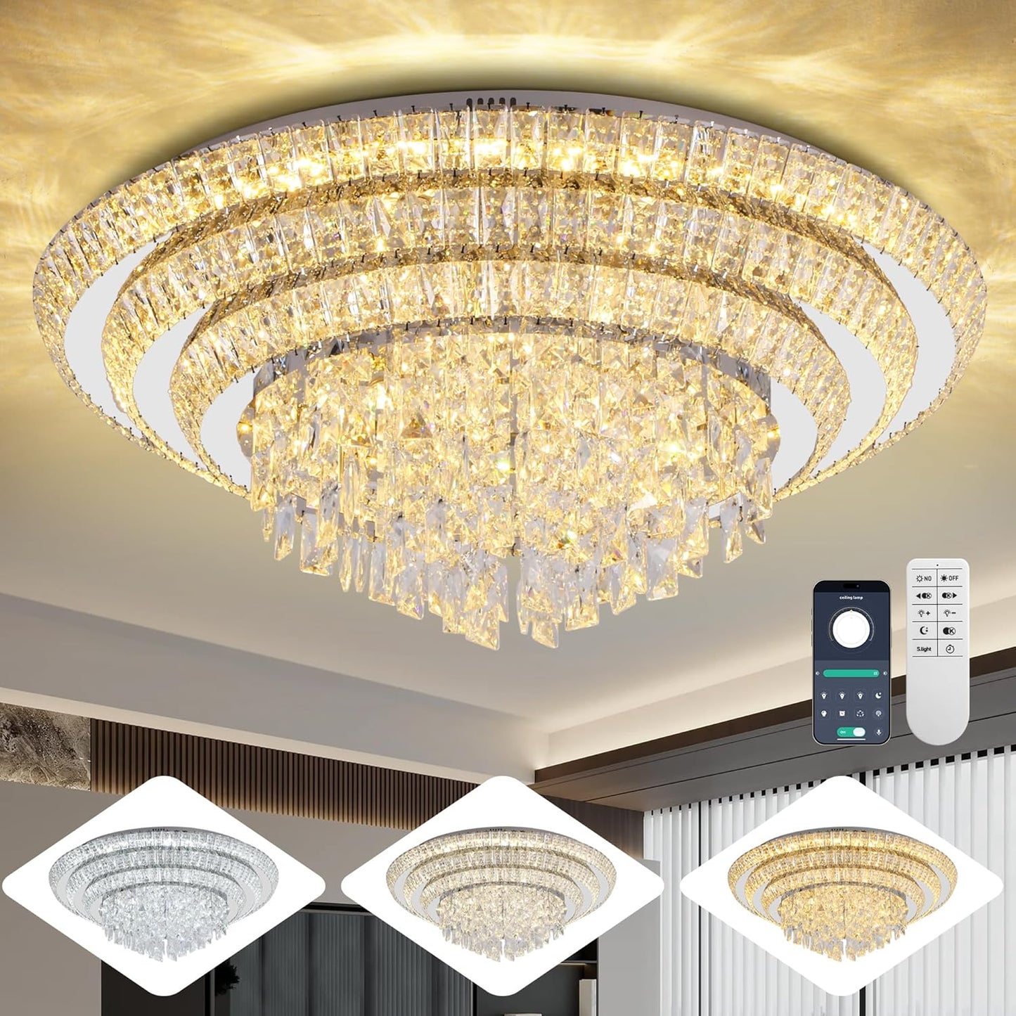 30 inch Crystal Silver Ceiling-Light Flush Mount with Remote Control and APP, 3CCT Dimmable & Brightness Adjustable, Modern Crystal Raindrop Chandeliers for Bedroom Hallway Dinning Room Living Room