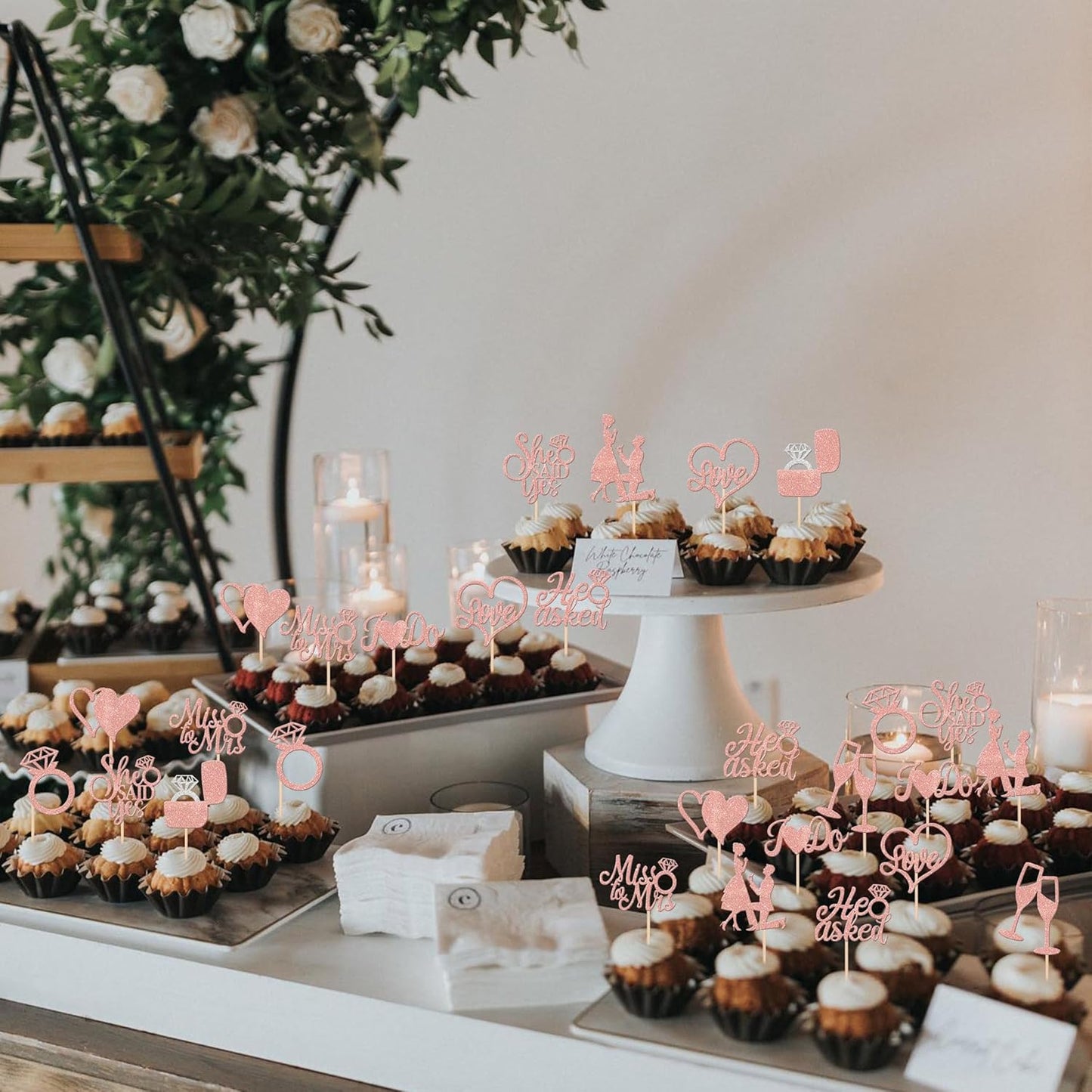 30 PCS He Asked She Said Yes Cupcake Toppers Glitter Wedding Engagement Cupcake Picks Miss to Mrs I Do Love Heart Ring Miss to Mrs Cake Decorations for Wedding Engagement Party Supplies Rose Gold