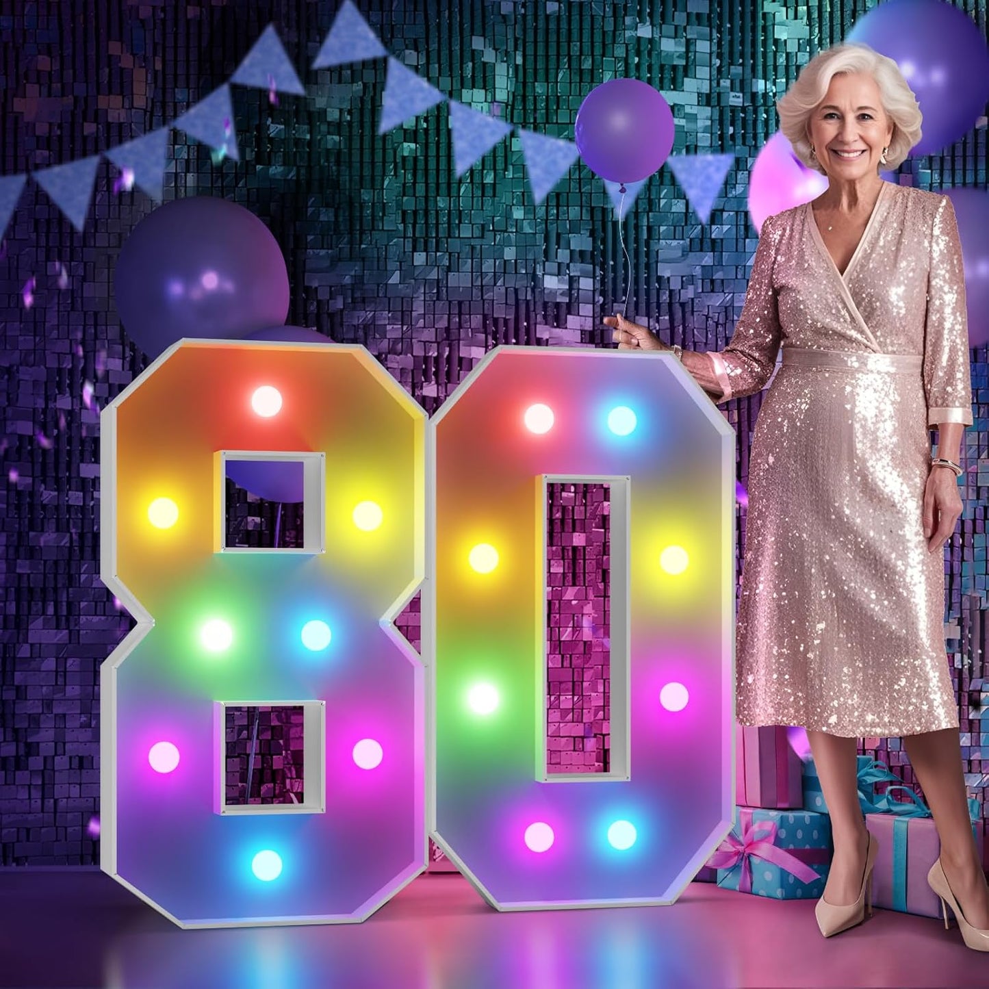 Marquee Numbers 80th-Birthday Decoration: Colorful 3FT Large Light Up 80 Year Old Birthday Decorations Anniversary Backdrop for Boys Girls Cardboard Sign 18 Colors Number 80 Mosaic Balloon Frame
