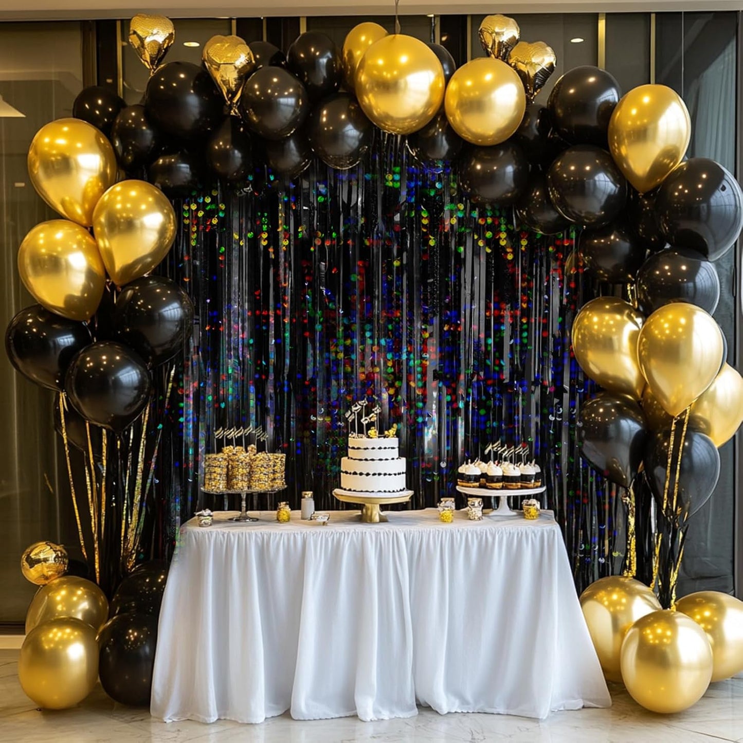 4 Packs Black Foil Fringe Curtain, Glitter Metallic Tinsel Backdrop for Birthday, Wedding, Bridal Shower, Halloween, Gold and Black Party Decorations Supplies