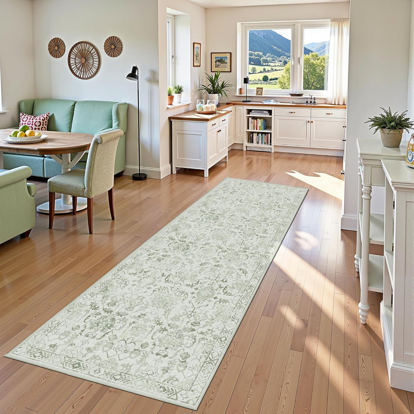 Sage 3x10 Runner Rug for Hallways Bed Side Kitchen, Boho Washable Distressed Low-Pile Floor Entryway Long Bathroom Mat, Non-Slip Laundry Room Washstand Front Carpet Green 36x84 Inch