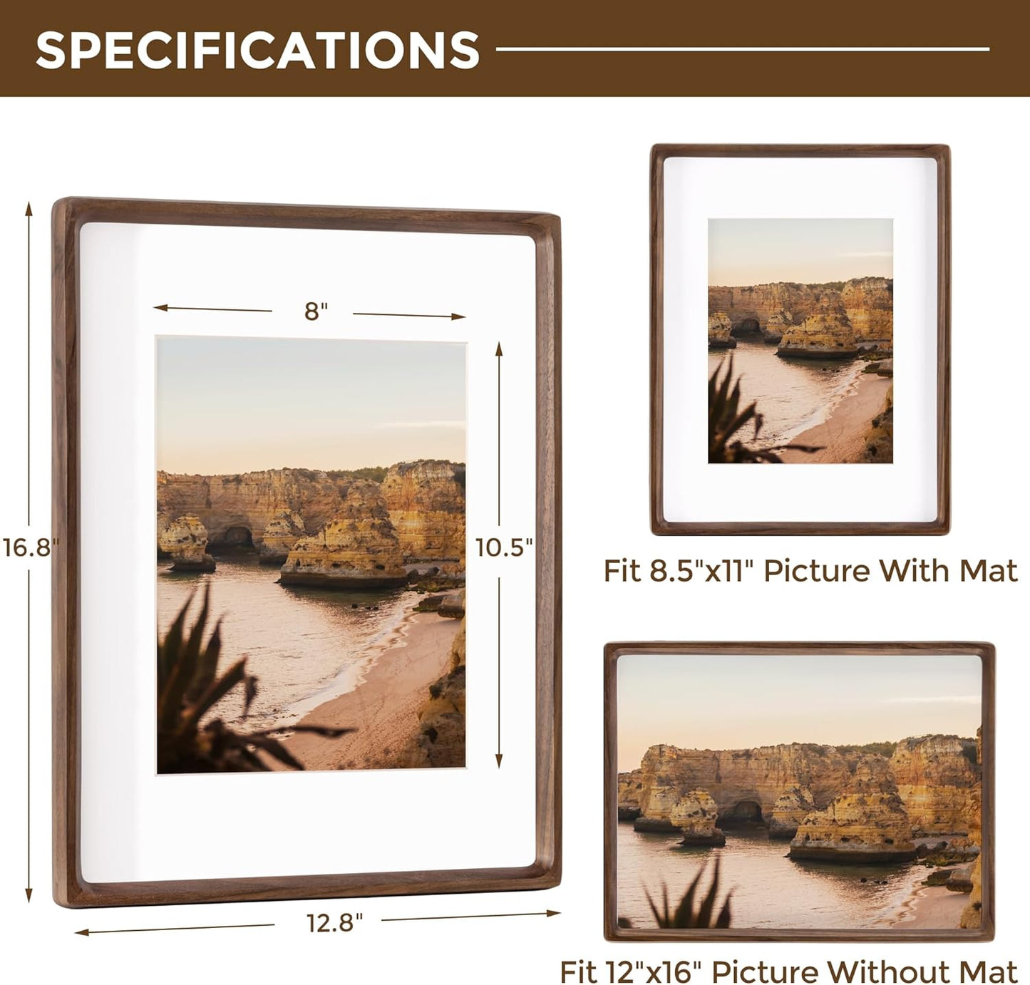 12x16 Frame USA-Sourced Natural Walnut Wood Solid Wood Photo Frame Handcrafted Rounded Corner with Mat to 8.5x11 Picture Frame Display with Real Glass Family Picture, Wedding Photo, Certificate