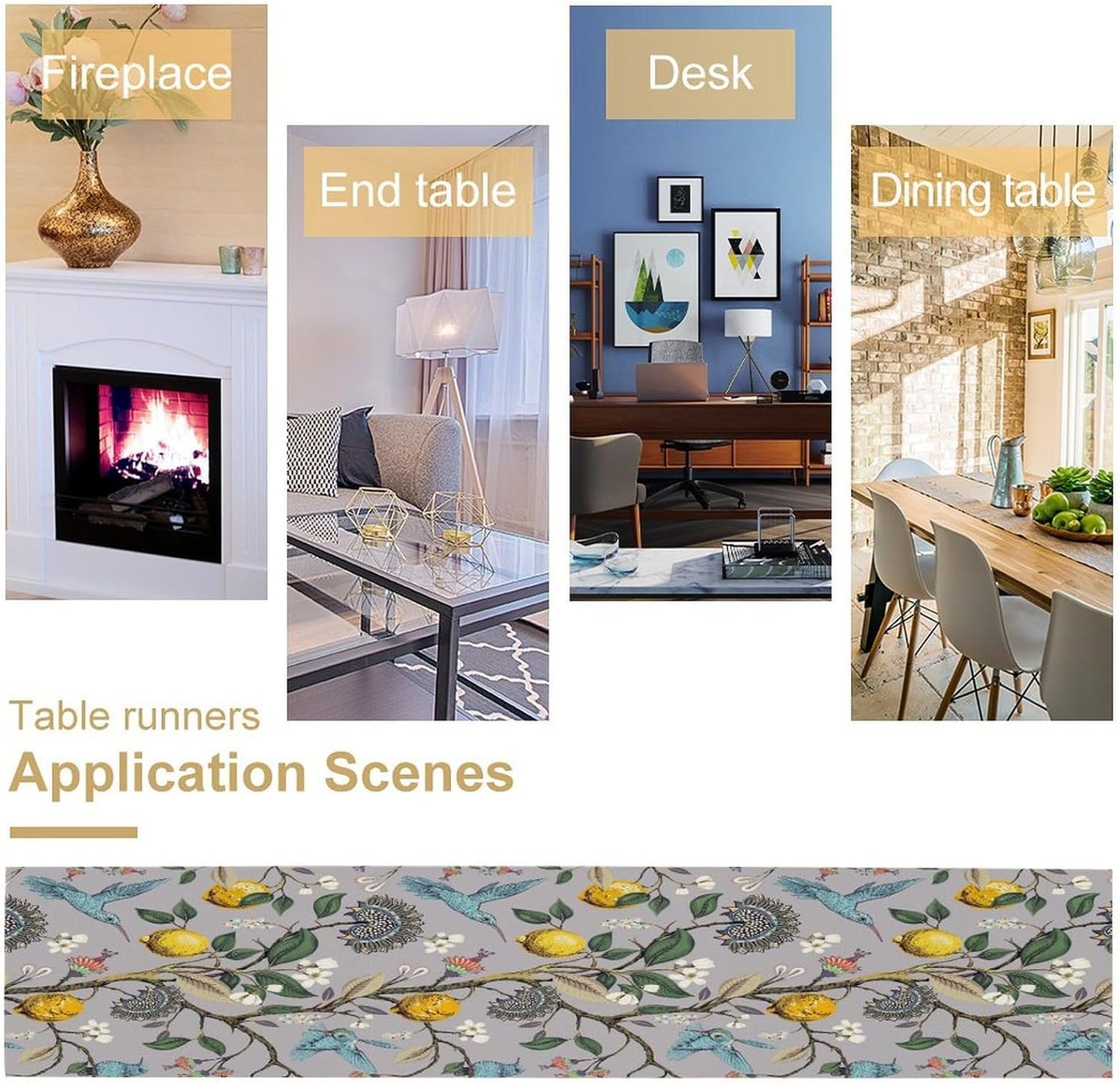 Table Runner with Flowers and Birds, Spring Plant Flowers Table Decoration Linen Table Runner Family Party Party Decorations 13x60 Inches