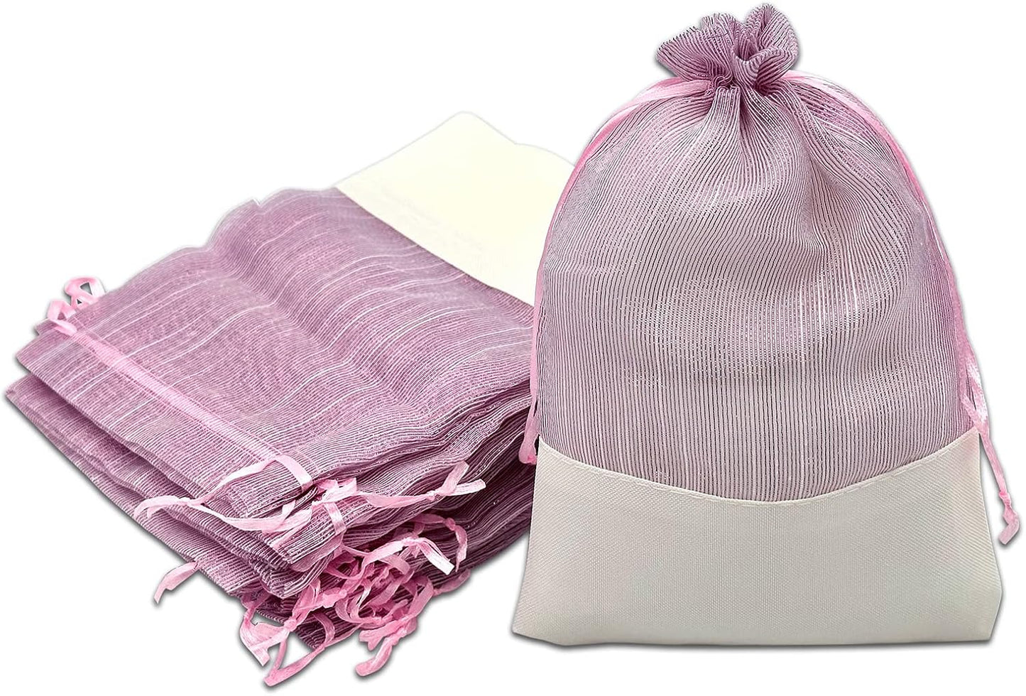 TheDisplayGuys For Your Modern Living 24-Pack Linen & Pink Organza Gift Bags with Drawstrings (Large 5 1/2 x 8) - Party Favors, Samples, Treats Mesh Pouches