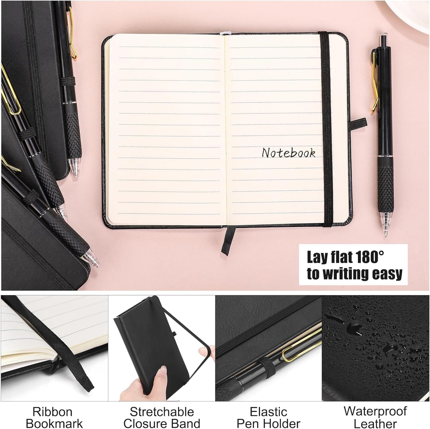 Aodaer 50 Sets Pocket Notebook Journal with Pens, 160 Pages, 3.5 x 5.5 Inch Mini Lined Journal Notebook A6 Leather Hardcover College Ruled Notepad with Pen Holder for School Office Gifts, Black