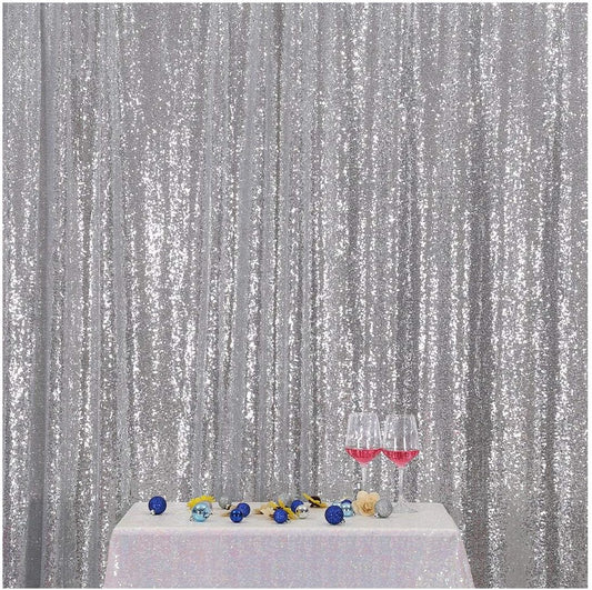 Poise3EHome Silver Sequin Backdrop,7FT x 7FT Sequin Photography Backdrop Curtain for Party Decoration, Silver