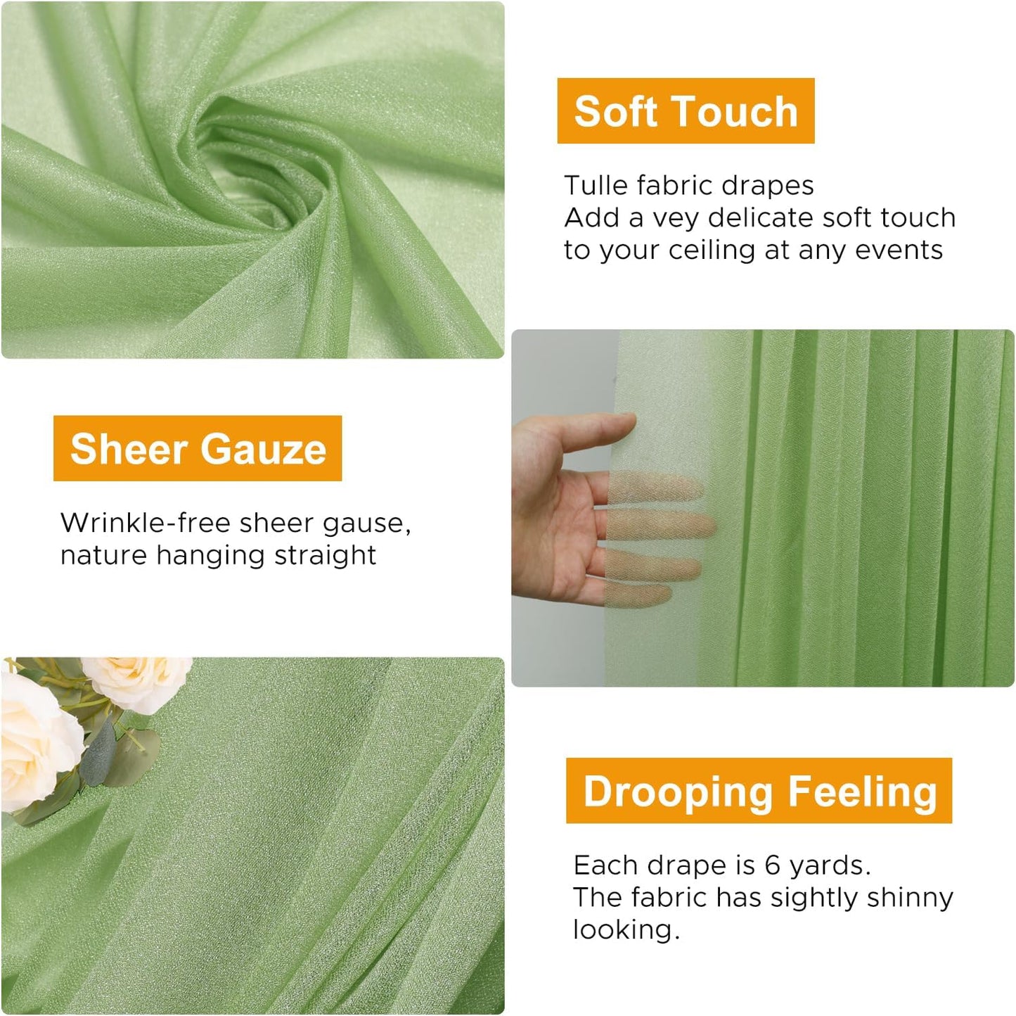 Wedding Arch Draping Fabric 1 Panel 28.7" x 20FT Sage Green Sheer Chiffon Backdrop Drapes for Wedding Ceremony Birthday Party Bridal Shower Outdoor Decoration
