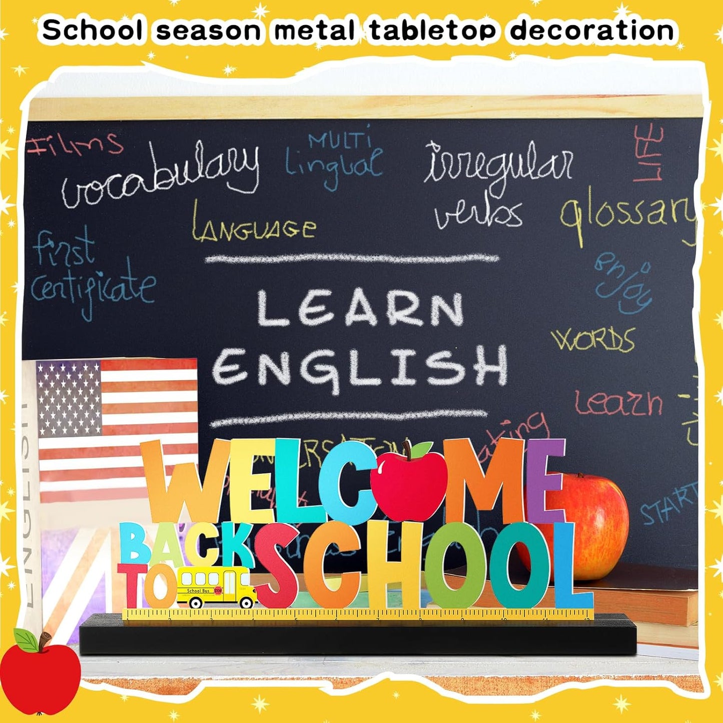 Welcome Back to School Metal Sign First Day of School Table Decor Metal Word Sign with Wooden Base for Classroom Teacher Party Favor Supplies Tiered Tray Decor Shelf Tabletop Decorations