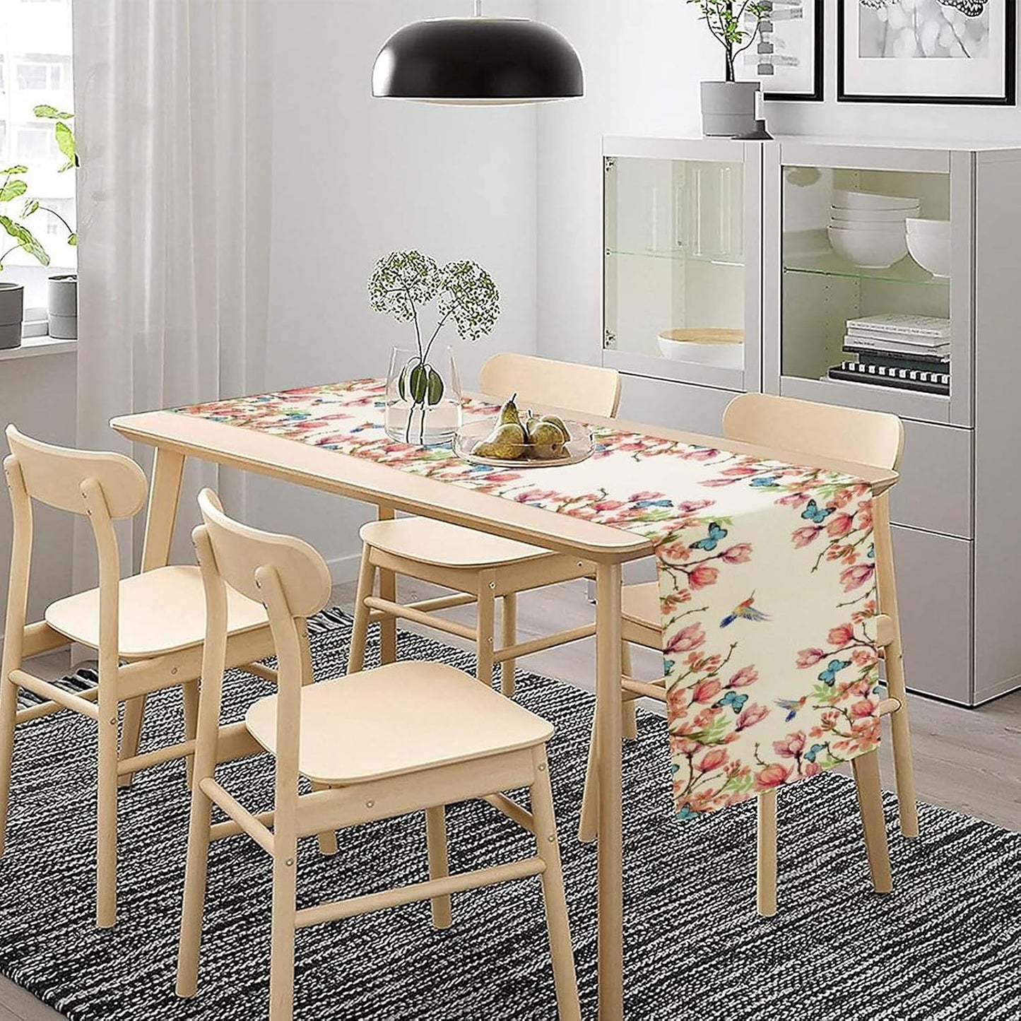 Flowers Table Runner,Floral Bird Butterfly Spring Table Cloth Kitchen Dining Table Home Party Decoration 13x36 Inch