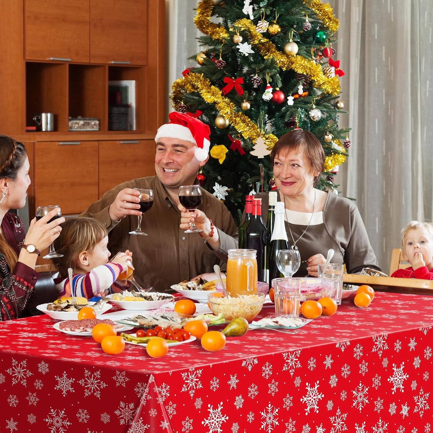 Jectivs 12 Pieces Christmas Snowflake Plastic Party Tablecloth Decorations,White Snowflake Red Xmas Backdrop Sign Table Cover Banner for Winter Christmas Holiday Party Supplies,54x108 inch (Red)