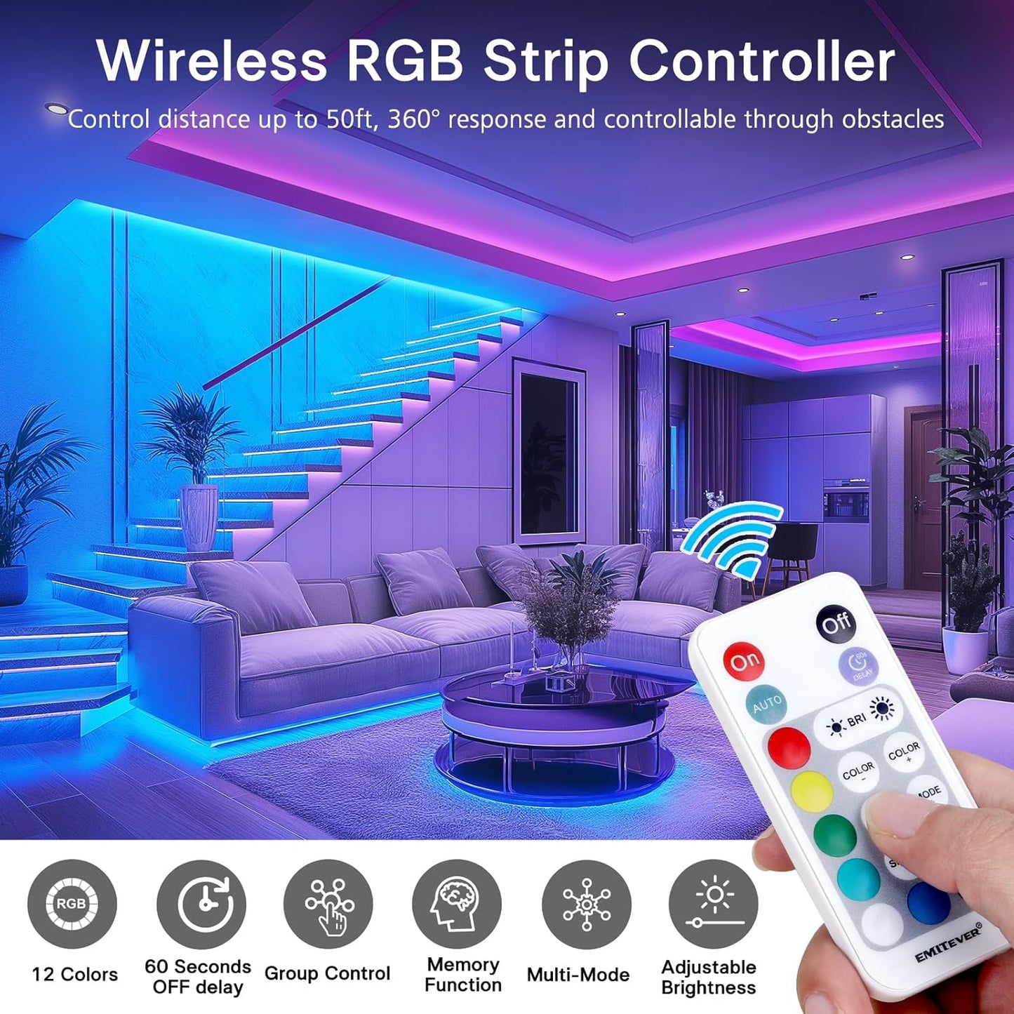 EMITEVER RGB LED Strip Light 16.4ft, Dimmable COB 24V Flexible LED Color Changing Tape Light Kit with Remote, High Density 3150LEDs for TV Backlight, Bedroom, Bar, Party Christmas Decoration