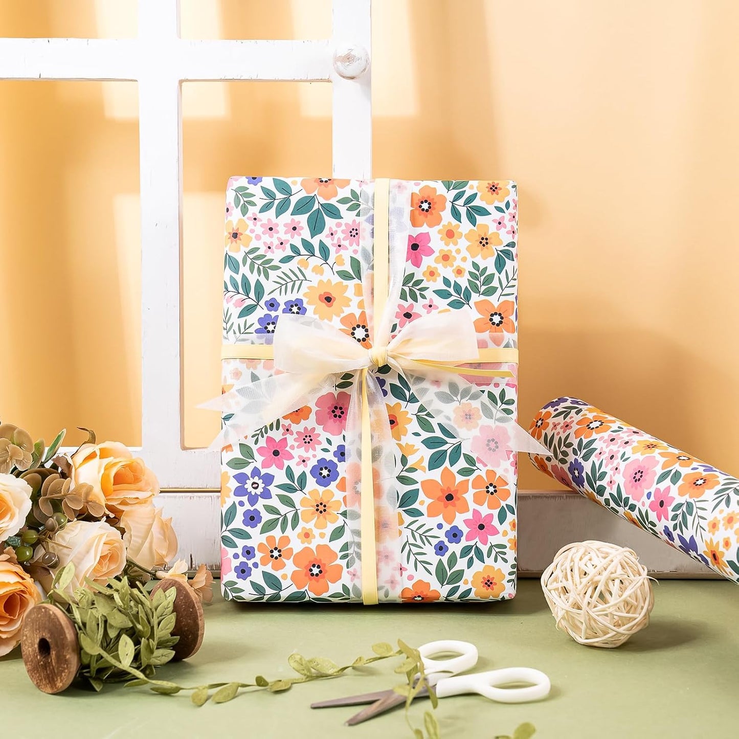 WRAPAHOLIC Kraft Floral Wrapping Paper Roll - Mini Roll - 17 Inch x 9.8 Feet - Ditsy Flower Wrapping Paper, Perfect for Wedding, Birthday, Bridal Shower, Tea Party