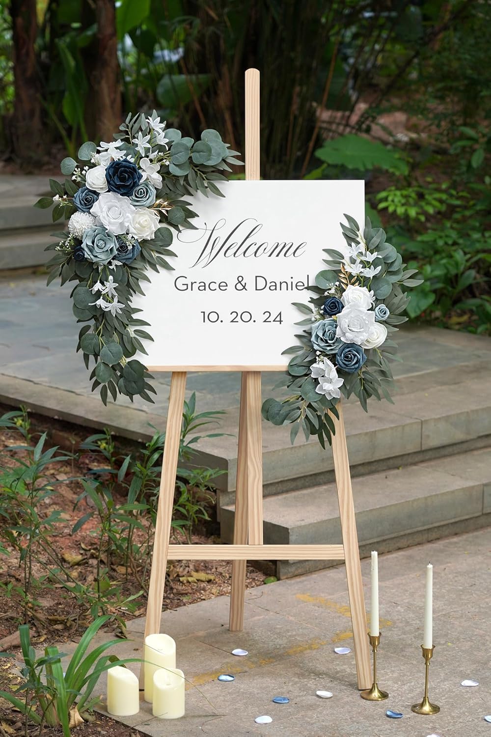 Dusty Blue Flower for Wedding Welcome Signs Decorations, Artificial Wedding Arch Flowers for Wedding Ceremony (Set of 2)