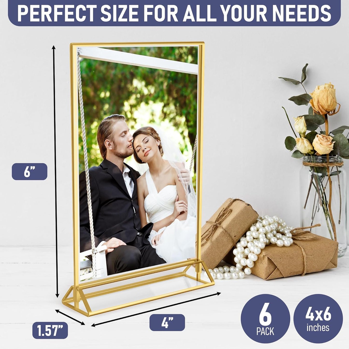 Dasher Products Gold Picture Frames Double-Sided, 6-Pack 4x6 Acrylic Table Number Holders, Clear Easel Stands for Signs, Gold Frames for Wedding Table Numbers, Menu Holders, and Photo Displays for Events and Décor