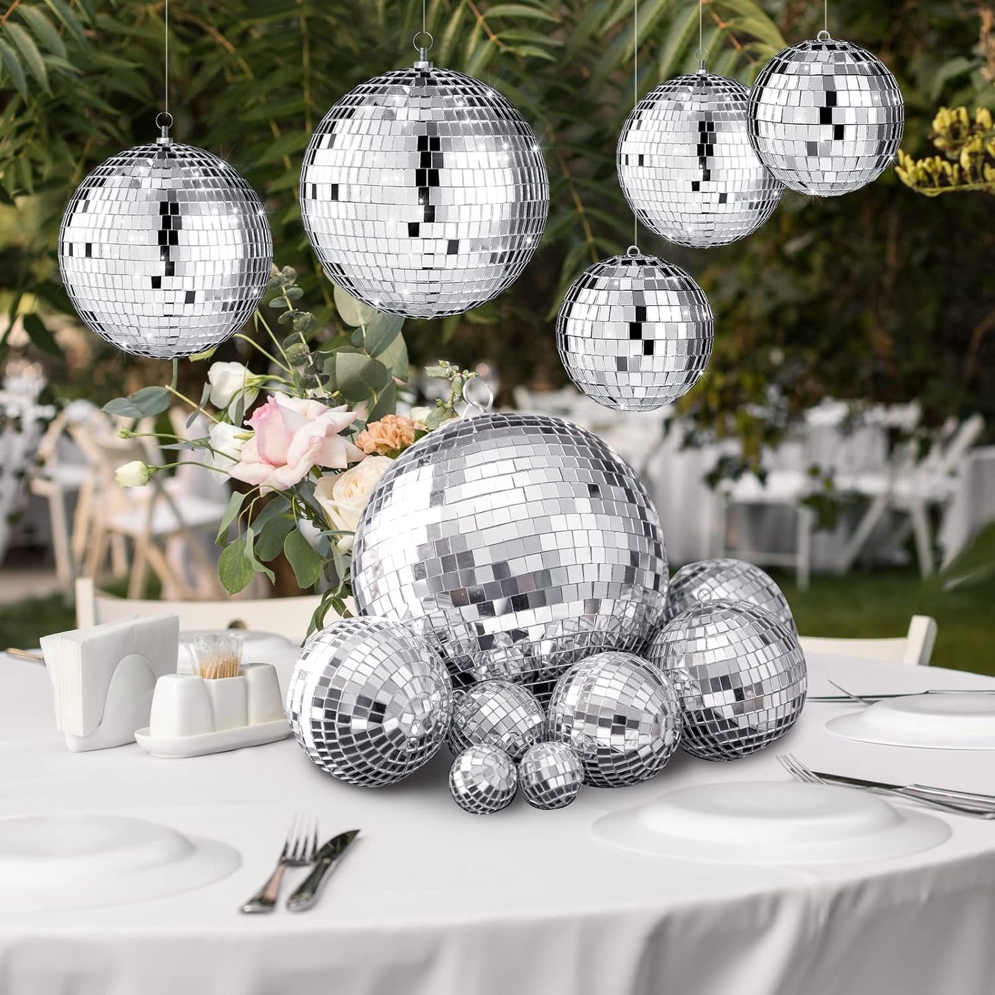 Haull 8 Pcs Large Disco Ball Set Silver Mirror Disco Reflective Ball with Hanging Ring Party Ornament Decoration for Stage Club Ballroom Dance Hall Wedding Prom Props(12'', 8'', 6'', 4'')