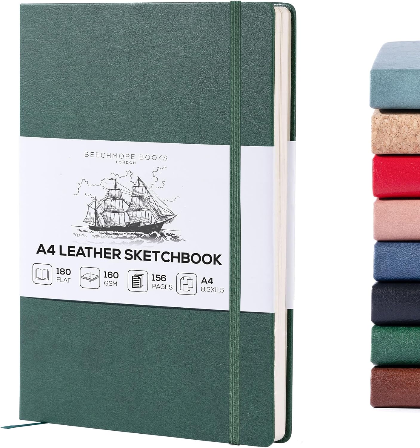 Beechmore Books A4 Sketchbook – 8.5x11 Premium Vegan Leather Bound Large Sketch Book Hardcover with 156 Thick 160gsm Perforated Ivory Pages, Blank Sketch Pad, Gift Boxed, Back Pocket, Ribbon Bookmark