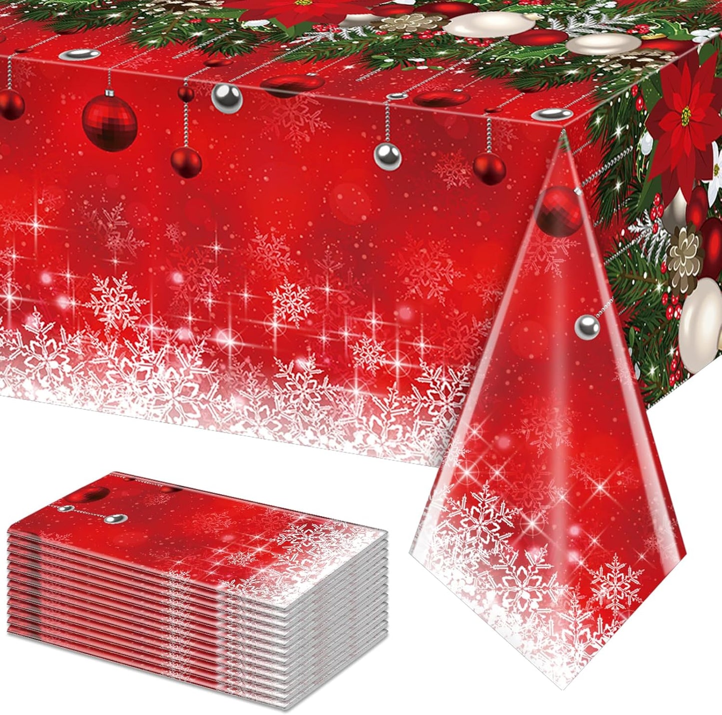 12Pieces Merry Christmas Tablecloth Plastic Christmas Tree Ball Table Cover Rectangle Winter Snowflake Tablecloth for Merry Christmas Holiday New Year Eve Party Decorations Supplies,54x108inch